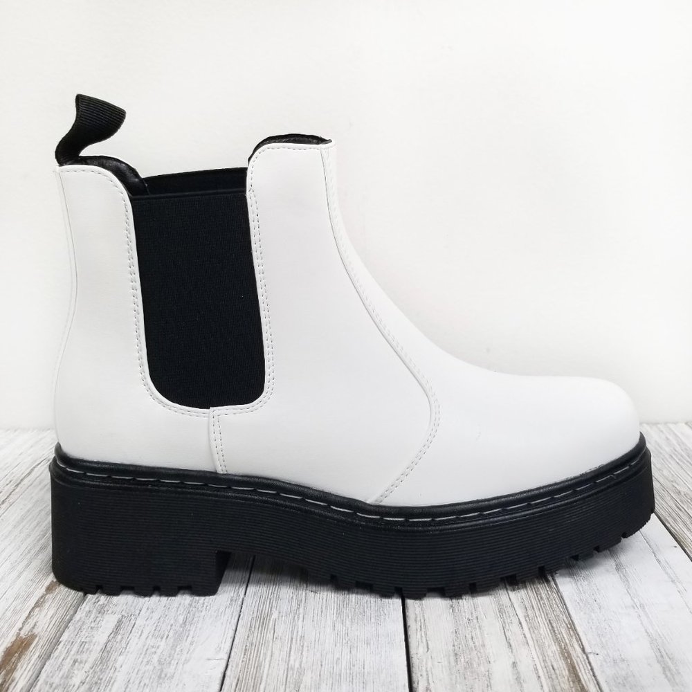 New White Elastic Chelsea Combat Lug Boots - Picture 1 of 5